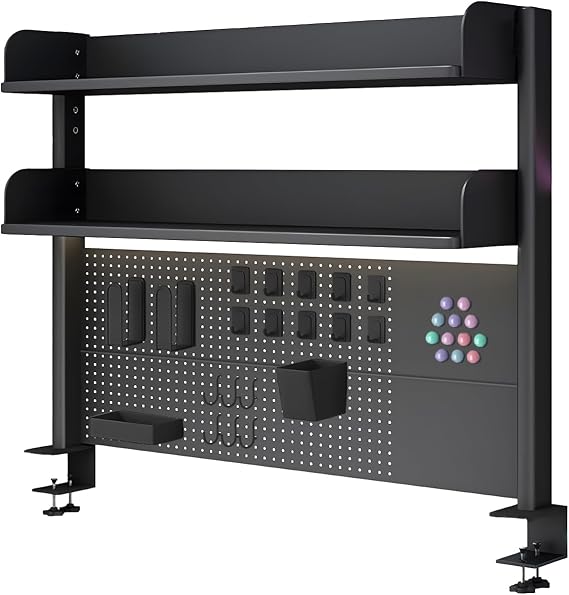 Clamp On Desk Pegboard Shelf, Black, 23.6in | Metal Desktop Organizer Hutch,Clamp-on Shelving System with 2 Shelves, Computer Desk Accessories,for Office, Dorm