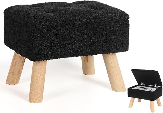 OGEMXU Storage Ottoman, Small Foot Stool Ottoman with Storage, Boucle Teddy Velvet Foot Rest with Padded Seat, Sturdy Wood Legs Stool for Living Room, Bedroom, Couch, Enterway (Black)