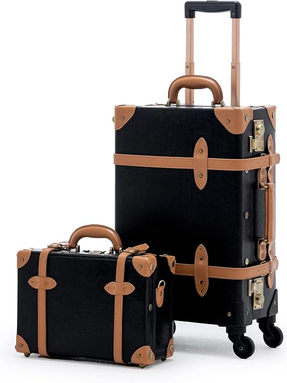 COTRUNKAGE 2 Piece Vintage Luggage TSA Lock Small Carry On Suitcase Sets for Travel with Spinner Wheels, Black