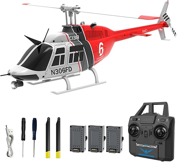 C138 Remote Control Helicopter, 1:33 Scale Bell206 Helicopter 2.4G 4CH RTF Single Propeller Aileron Free, Six-axis Gyroscope, Modular Battery, One-Touch Function Gift for Adults 2 Batteries
