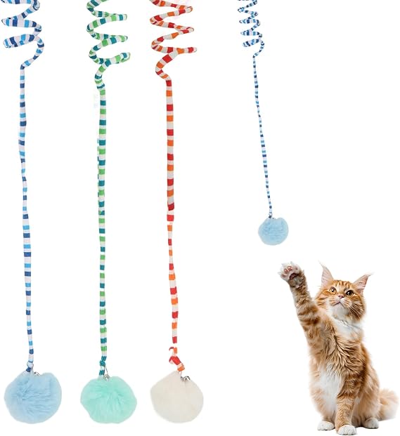 3Pcs Kitten Spring Cat Toy Cat Teasing Stick with Bell Bouncy Ball, Hanging Fluffy Cat Catnip Ball Toys Interactive Cat Teaser Retractable Toys Indoor Kitten Play Chase Exercise