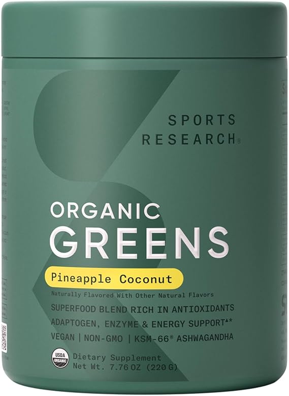 Sports Research Organic Pineapple Coconut Greens - Digestive Health, Natural Energy & Mood Support* - Certified Organic Powder - 20 Servings