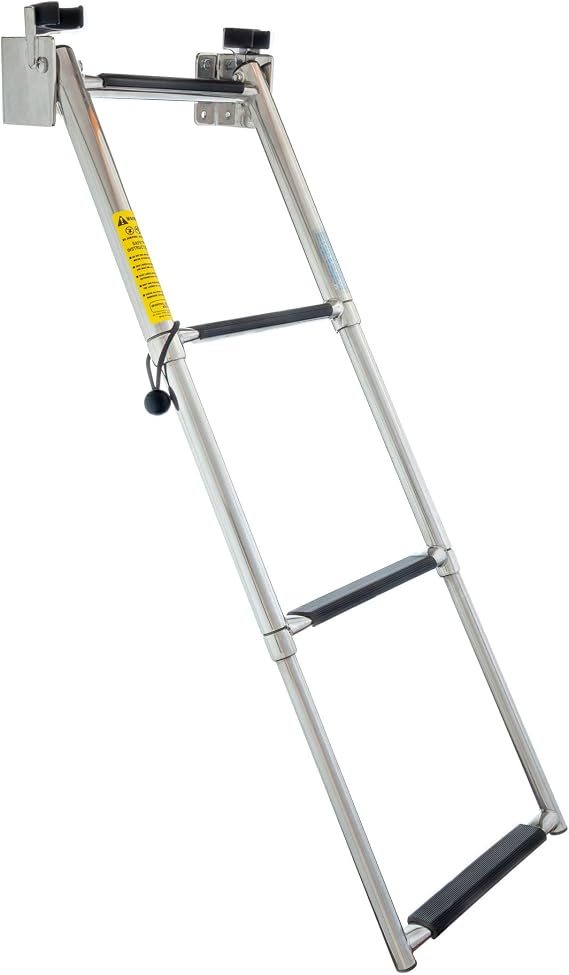 Attwood Telescoping Transom Ladder, 4-Step, Self-Lock Transom Mount Brackets, Stainless Steel, Rated to 400 Pounds, 19684