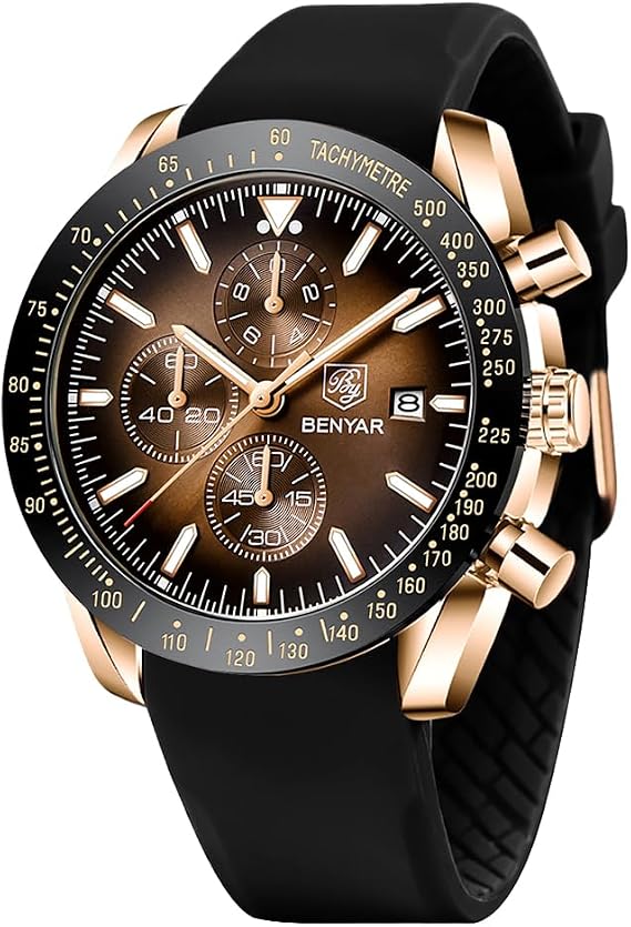 BENYAR By Men's Watch Brown Leather Strap Quartz Chronograph Watch Men Date Calendar Waterproof Watch Men's Sport with Blue/Black Dial