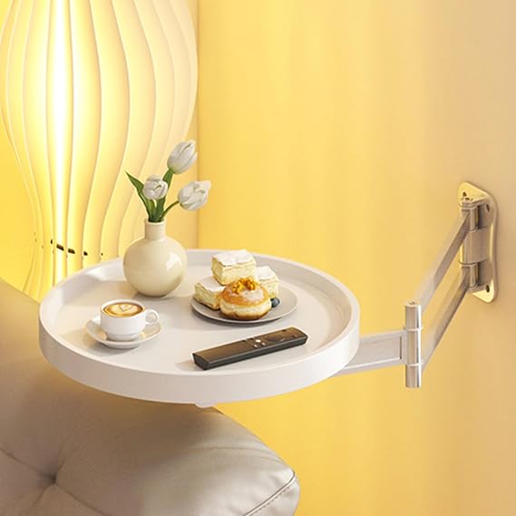 Round Wall Mounted Folding Table,Small Floating Tray for Sofa Bed,Space Saving Fold Down Wall Desk,Foldable Flip Down Table for Home Office, Bar, Kitchen, Study, White