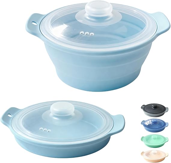 42oz Silicone Microwave Steamer For Cooking, Collapsible Food Steamer For Vegetable, Seafood, Soup, Leftovers, Rice Cooker, BPA Free Small Steam Pot with Handle & Lid, Dishwasher Safe (Blue), 1 Pack