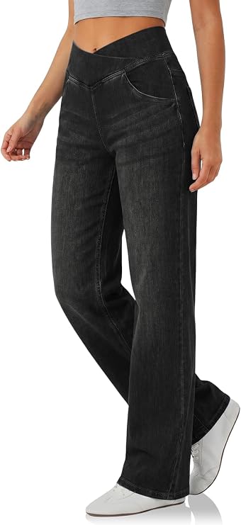 Cicy Bell Womens Pull On Wide Leg Jeans Stretchy Crossover Denim Pants