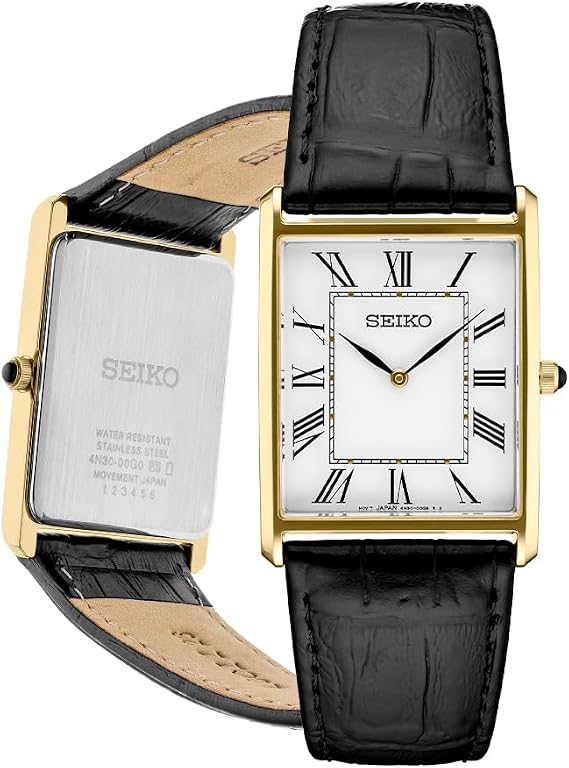 SEIKO Men's Essentials Watch - Essentials - Waterproof Stainless Steel Rectangular Case and Leather Strap, White - SWR052, Essential