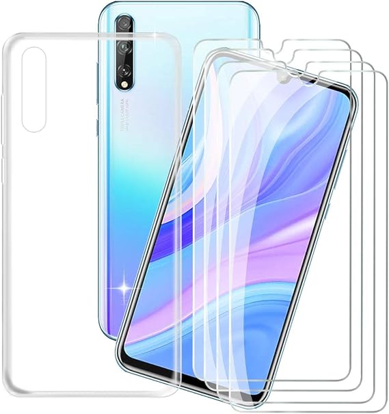 Case Transparent for Huawei Y8P (6.30") + 4 Pack Tempered Glass Screen Protector, Flexible TPU Clear Shell Silicone Gel Protective Case Bumper Cover - Transparent