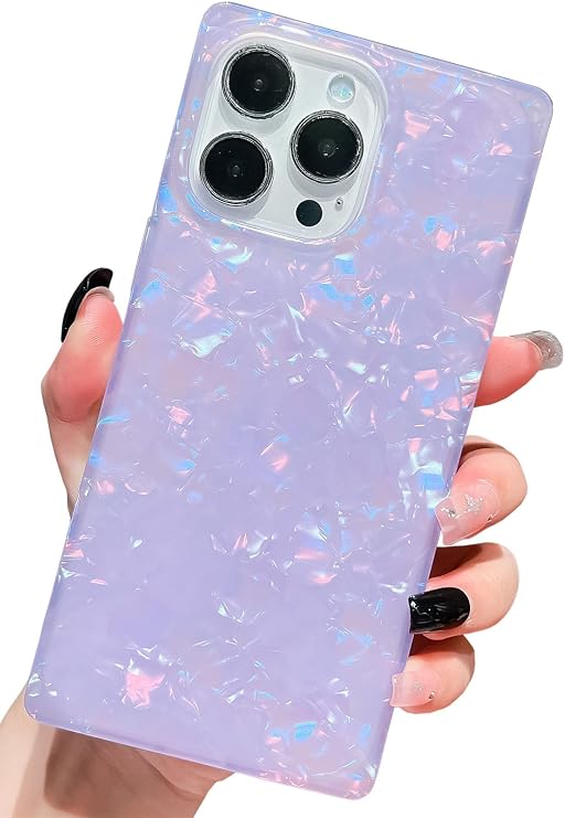 エレガント マザーオブパールパターン iPhone 15 Pro Max対応 スクエアエッジケース、スリムソフトTPUシリコン保護バンパーケースカバーパープルパール、15 Pro Max
