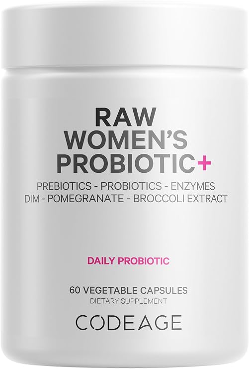 Codeage Raw Womens Probiotic+ Supplement - 34 Probiotic Strains, 100 Billion CFUs, Digestive Enzymes, Prebiotic Blend, DIM, Herbal Extracts, Phytonutrients - Non-GMO - 60 Capsules