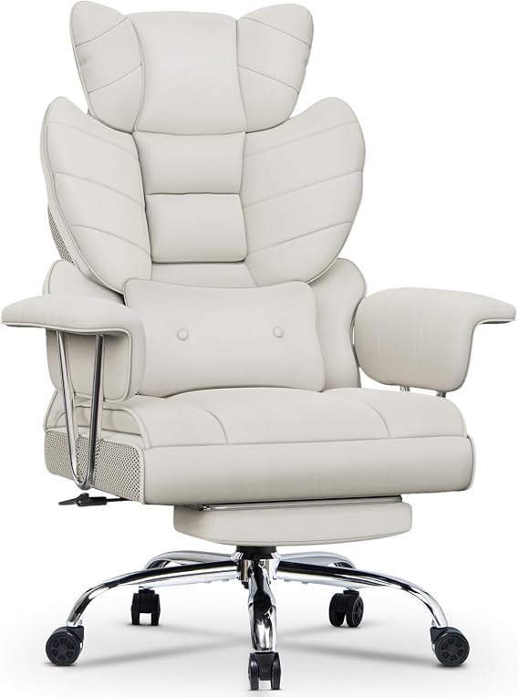 Racingreat Comfy Executive Desk Office Chair with Footrest, Big Tall Adjustable Computer Leather PU Recliner, Home Ergonomic Office Cross Legged Chair, High Back Heavy Duty White Work Swivel Chair