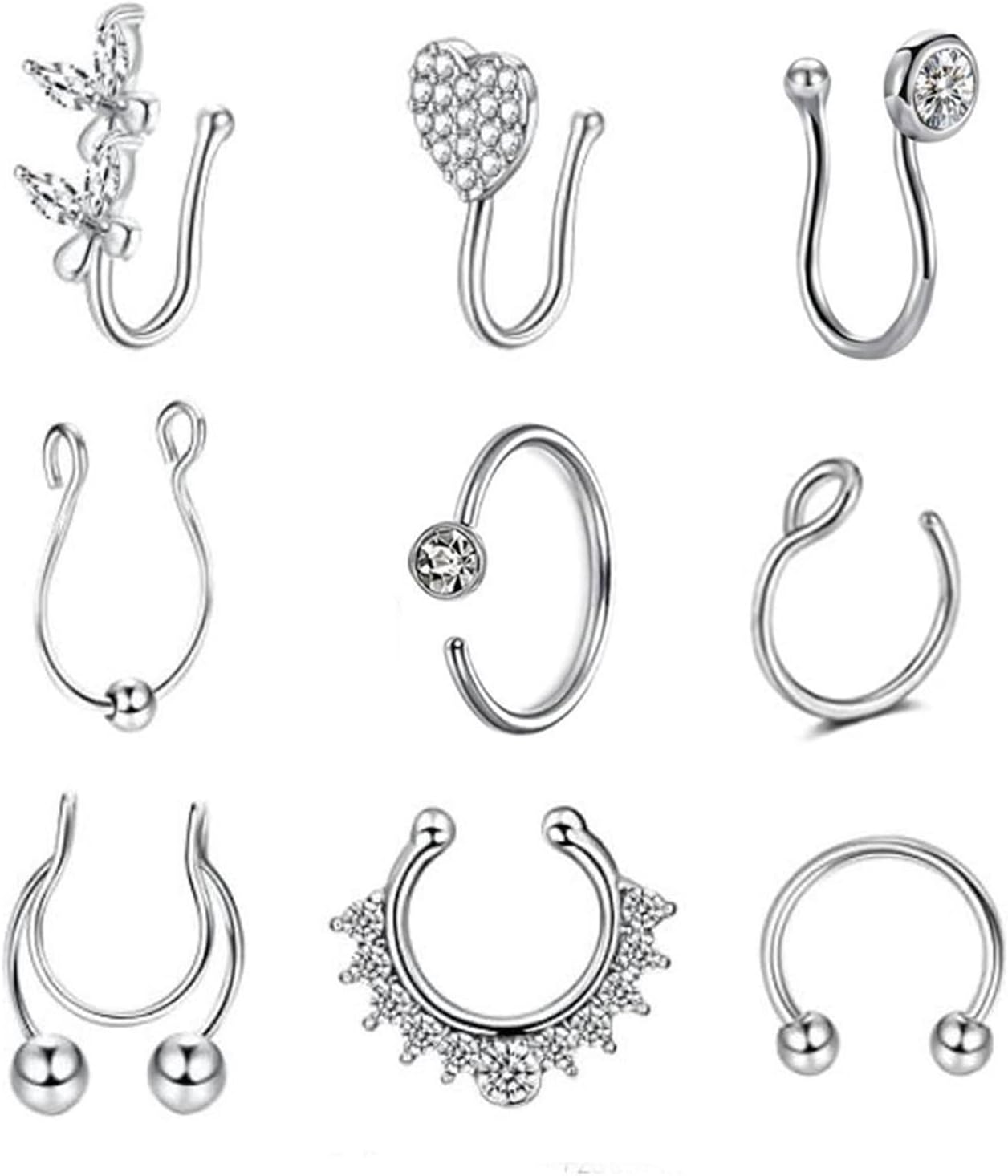 Septum Ring Cubic Zirconia, Nose Cuff Ring with 9Pcs Heart Flower Ball with CZ Piercing Jewelry Gift for Women Men