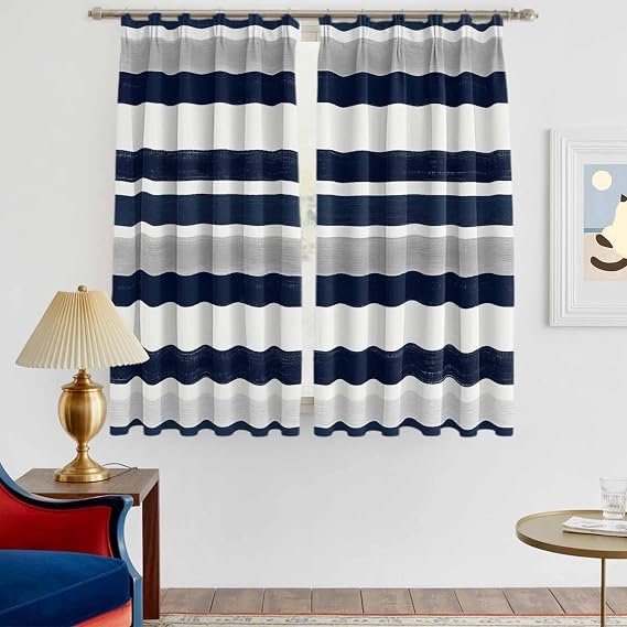Blackout Curtains for Bedroom, Navy Blue White Striped Room Darkening Curtains for Living Room with Hooks, Grey Farmhouse Stripe Abstract Art Thermal Insulated Drapes 2 Panels, 79"Wx32"L