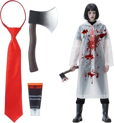 4 PCS American Halloween Psycho Costume Accessory with Raincoat, Axe, Red Tie, Fake Blood Gel, Scary Horror Dress Up for Men Women Scary Horror Killer Cosplay Party Costume