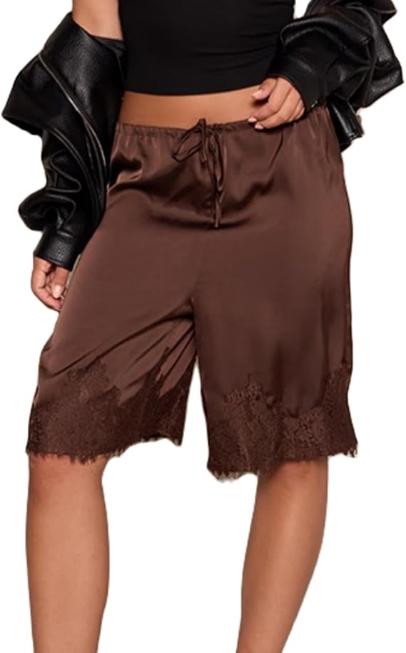 Women Satin Lace Trim Capri Pants Elastic Waisted Wide Leg Cropped Pants