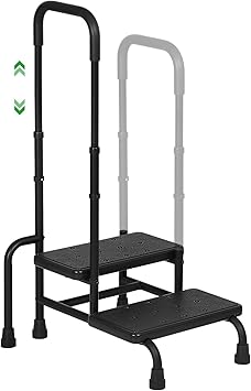LUCKUP Step Stool with Handle, 2-Step Stools with Adjustable Handrail & Reinforced Leg, Bedside Stair Stool for Adults Elderly Children, Non-Slip Foot Bed Steps for High Beds, Kitchen, Bathtub