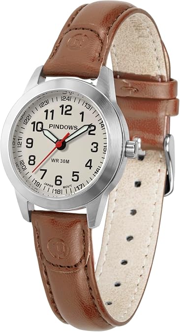 PINDOWS Women's Watch, Small Minimalist Analog Quartz Leather Strap Dress