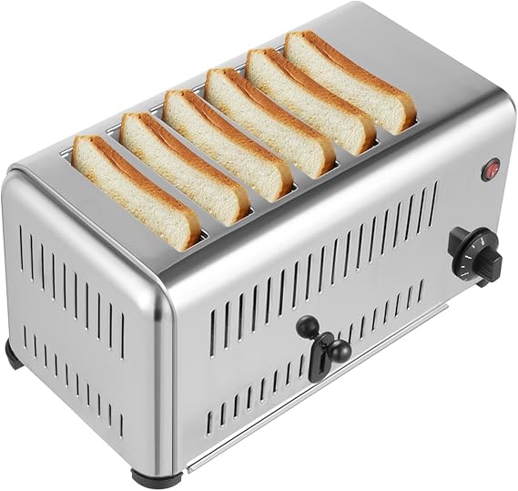 6 Slices Commercial Toaster, 1680W 110V Stainless Steel Toaster, with Wide Slot (1.1in) & Crumb Tray, 2 Toasting Modes, For Restaurant and Home Kitchen
