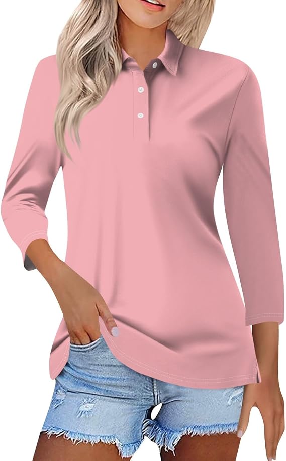 3/4 Sleeve Tops for Women V Neck Polo Shirts for Work Spring Collared Blouses Casual Trendy Solid Three Quarter Length Sleeve Tunic Tops with Leggings A Pink XXL