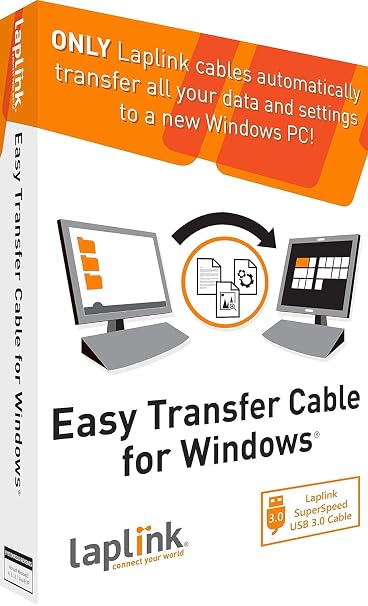 LAPLINK Easy Transfer Cable for Windows, Includes PCmover Express Software and USB 3.0 PC to PC Cable, Single Use License, Transfers Files, Settings, and User Profiles. Compatible with Windows 11