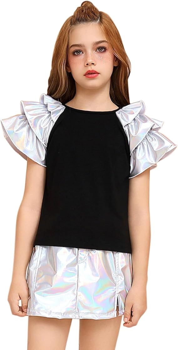 Perfashion Girls Shirt Metallic Frilled Sleeve Tops Crew Neck Summer T-Shirt Hip Hop Dance Party 4-13 years old
