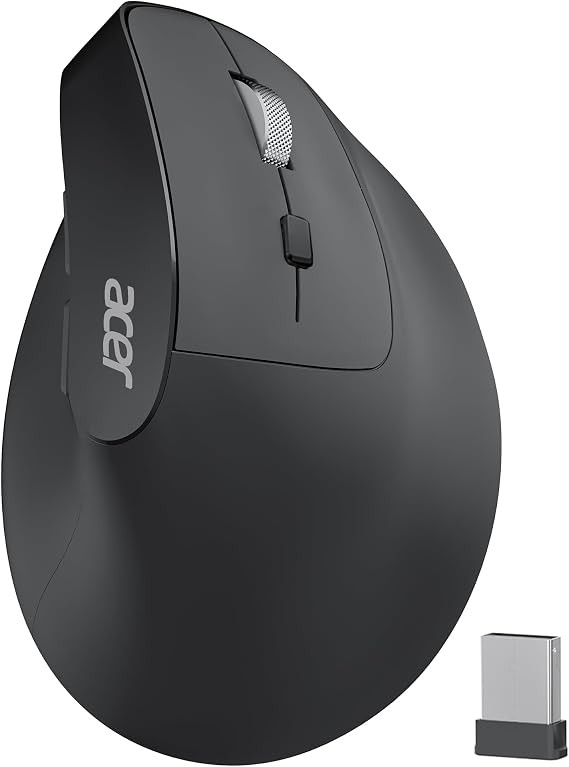 Acer Wireless Ergonomic Mouse, Rechargeable Vertical Mouse 3 Adjustable DPI | Ergo Office Mouse, Computer Mice, 6 Buttons, USB-C Charging, USB Receiver for Laptop, PC, iMac, Desktop, Batteries Included