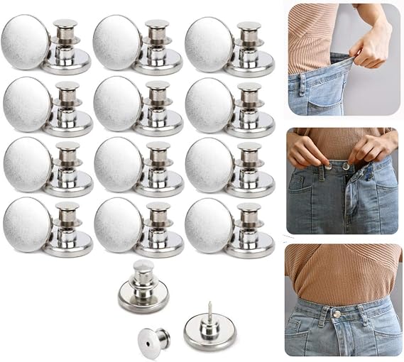 12PCS Perfect Fit Instant Button, Instant Buttons, Jean Replacement Buttons Removable Button No Sew Buttons to Extend or Reduce an Inch to Any Pants Waist in Seconds!