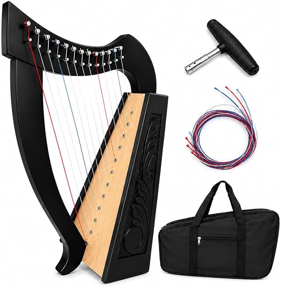 Irish Celtic Harp 12 Strings Musical Tuning Instrument Natural Solid Rosewood Tuning Key Knotwork And Extra Strings Set & Free Key Wrench And Free Carry Bag (Black 12 String)