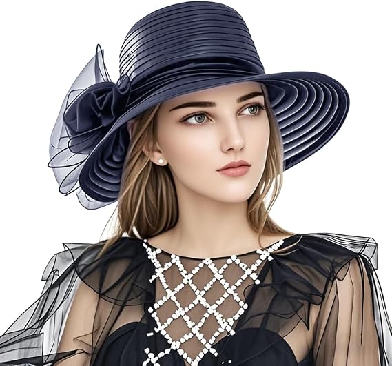 Haoohu Women's Church Derby Hat Wide Brim Bow Bucket Hat Wedding Dress Hat Fascinator Bridal Tea Party Hat