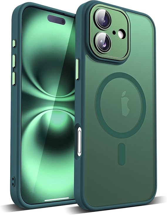 MADNOVA iPhone 16 İçin Telefon Kılıfı Magsafe ile Uyumlu Kamera Korumalı Mat Şeffaf Görünümlü Telefon Kılıfı (Yeşil)