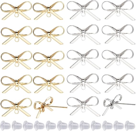 SUNNYCLUE 1 Box 50Pcs Real 18K Gold Plated + Real Platinum Plated Bowknot Earring Posts with Loop 20Pcs Ear Studs with 30Pcs Plastic Ear Nuts Earring Studs for Jewelry Making Accessories DIY Crafts