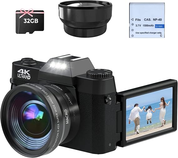 CCN Digital Camera 4K 48MP Photo Camera with 180° Flip 3.0 Inch Screen 16X Digital Zoom Compact Camera 64GB TF Card with Macro Lens and Wide Angle Lens WiFi Functionality Upgrade Version Black
