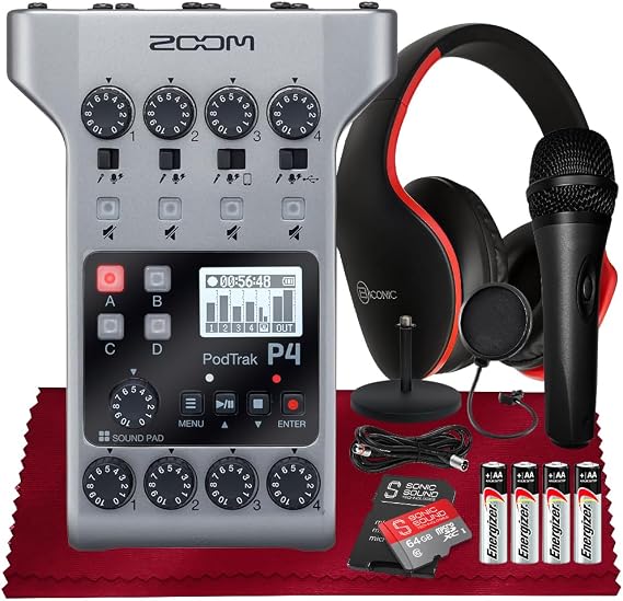 Zoom PodTrak P4 Portable Multitrack Podcast Recorder, Audio Interface 4 Mic Inputs, 4 Headphone Outputs + Handheld Microphone, Headphones with Built-in Microphone, 64GB SD, Microphone Pop Filter