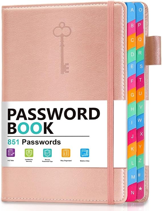 Password Keeper Book with Colorful Alphabetical Tabs, Hardcover Password Log-book for Internet Password and Website Address, 5.8"8.4" Password Notebook for Home Office (Rose Gold)