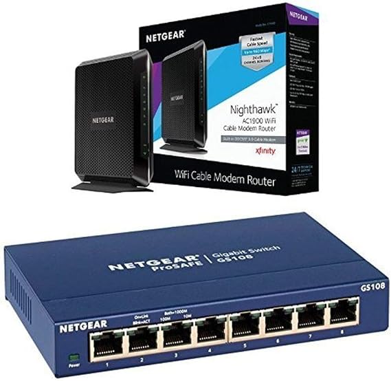 NETGEAR Nighthawk AC1900 (24x8) Wi-Fi Cable Modem Router (C7000) DOCSIS 3.0 Certified for Xfinity Comcast, Time Warner Cable, Cox, more Bundle with NETGEAR ProSAFE GS108 8-Port Gigabit Desktop Switch (GS108-400NAS)