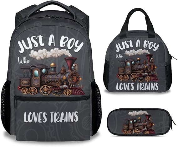UNIKITTY Kids Backpack Set with Lunch Box, Cute Train Backpack for Boys, Grey Large Capacity Bookbag with Adjustable Straps, 17" School Backpack for Kids Travel Elementary