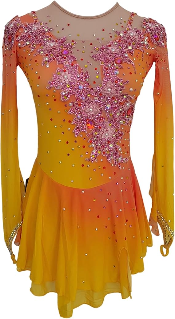 LIUHUO Figure Skating Dress Yellow Gradient and Embroidery Pattern Competition Performance