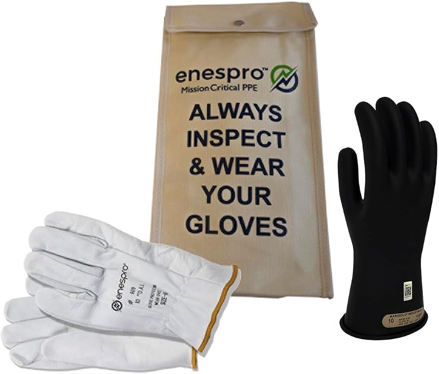 Enespro Class 00 Electrical Gloves Kit, 500V AC / 750V DC Black Insulated Rubber Gloves with Leather Protectors, Electrical Work Gloves for Linemen, and Utility Workers