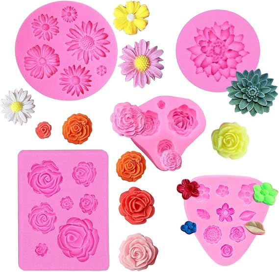 5 PCS Flower Silicone Mould Chocolate Rose Fondant Moulds Cute 3D Flowers Icing Cake Silicone Daisy Mould for Wax Melts Cake Decorating Baking Soap Candy Jelly Sugarcraft