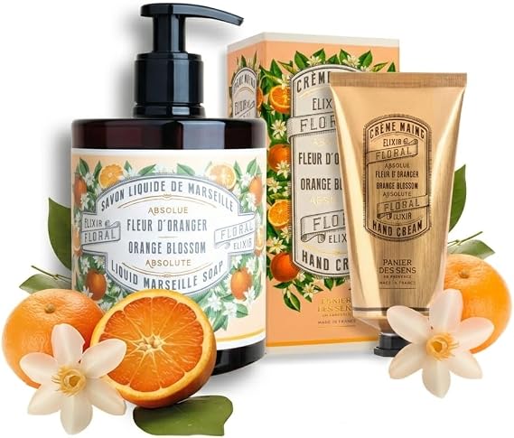 Panier des Sens Orange Blossom Hand Care Set - Liquid Hand Wash 500ml + Hand Cream 75ml - 96% Natural Ingredients - Moisturising Savon de Marseille - Olive & Almond Oil