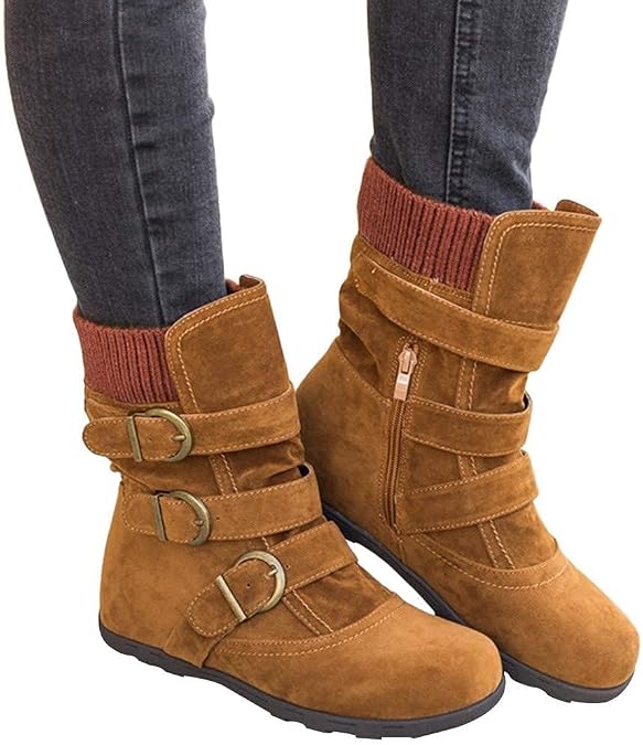 Low Heel Suede Ankle Boots with Ring Buckle Side Zipper Buckle Booties