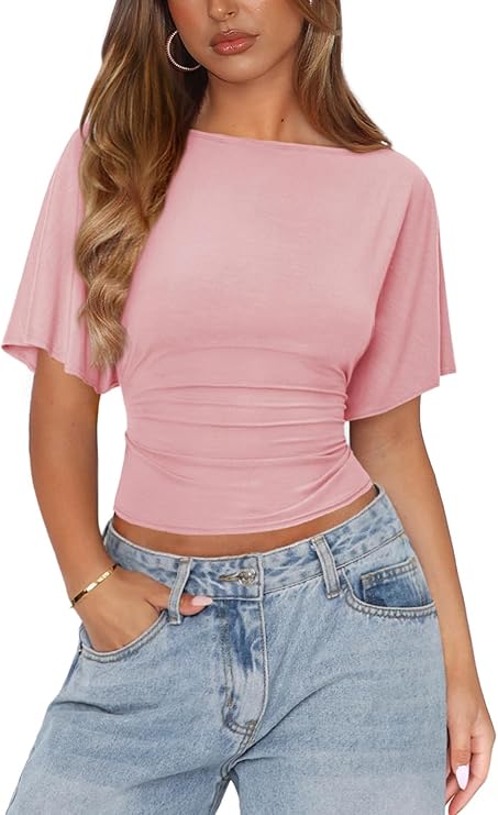 MIYIEONZ Womens Cinched Waist Tops Casual Wrap Top Tie Back Shirt | Boat Neck,Dolman Short Sleeve,Corset,Slim Fit,Tie Front,Ruched,Batwing Tops,Cute,Trendy,Summer Spring,Business Work Outfits
