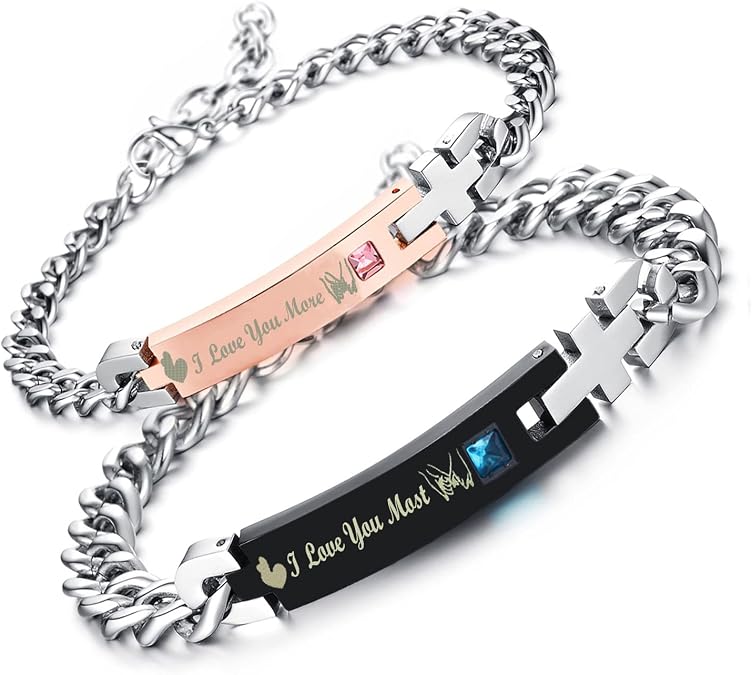 2PCS Dainty Engraved Couple Matching Bracelets His Hers Birthday Valentine