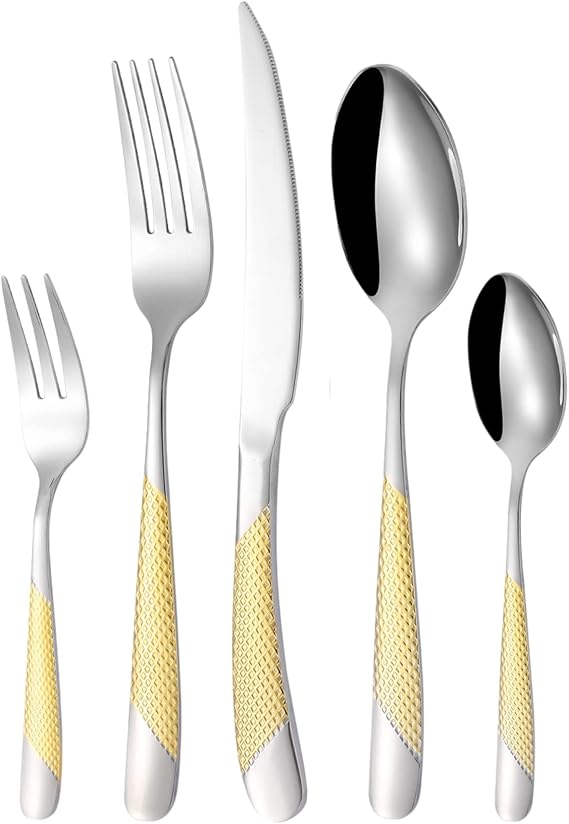 Vilihkc 20-Piece Stainless Steel Silverware Set, Hammered Flatware Set Spoon and Fork Set for 4, Gold & Silver Kitchen Utensil Cutlery set Essentials for Apartments