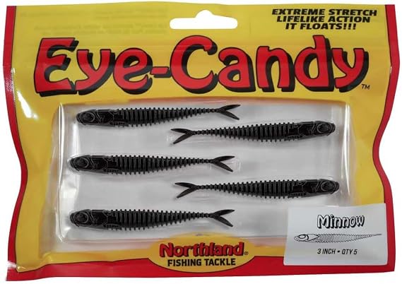 Northland Tackle Eye Candy Minnow Floating 3 & 4" Soft Plastic Fishing Lures for Walleye Fishing, 12 Realistic Colors, 5 Baits Per Pack