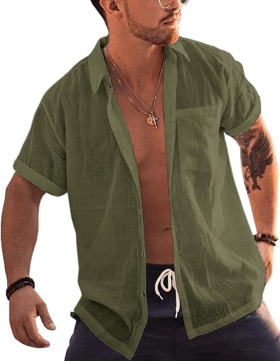 Bbalizko Mens Short Sleeve Button Up Shirts Linen Cotton Beach Shirt Tops