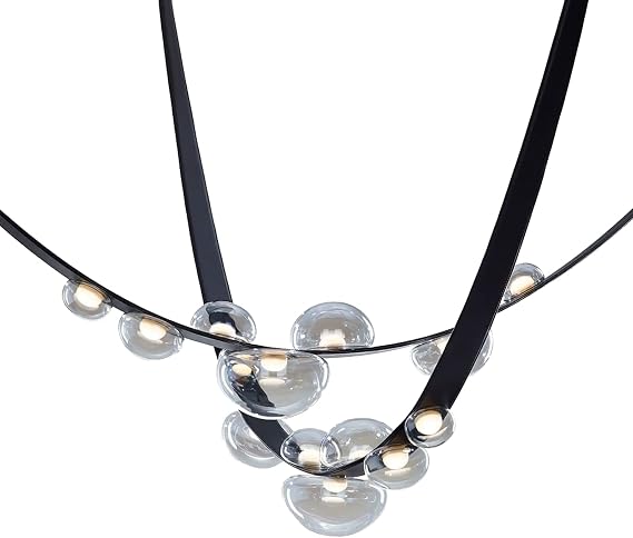 Black Globe Glass Chandelier Lighting, Modern 2 Layer 14-Lights Round Glass Shade with Leather Body Ceiling Light Mid Century Magic Bean Pendant Light for Bedroom Living Room