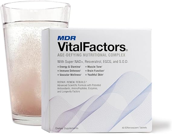 MDR VitalFactors NAD+ Anti-Aging Drink Mix Doctor Formulated Effervescent Tablets with Resveratrol, SOD, B12 & D3 Supports Energy, Cellular Health & Vitality 40 Tablets, Trusted Since 1984