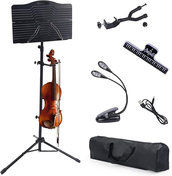Klvied Portable Folding Sheet Music Stand with Violin Hanger, Black